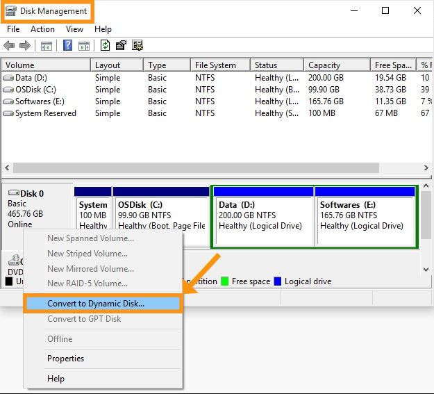 Convert to Dynamic Disk with a Disk Management
